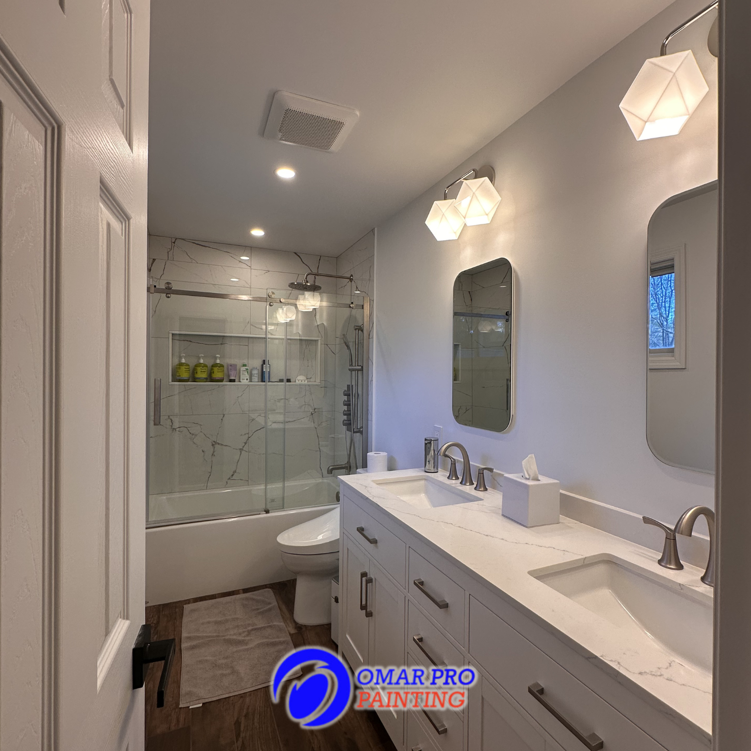 Modern bathroom renovation with new tile and vanity in Scarsdale NY